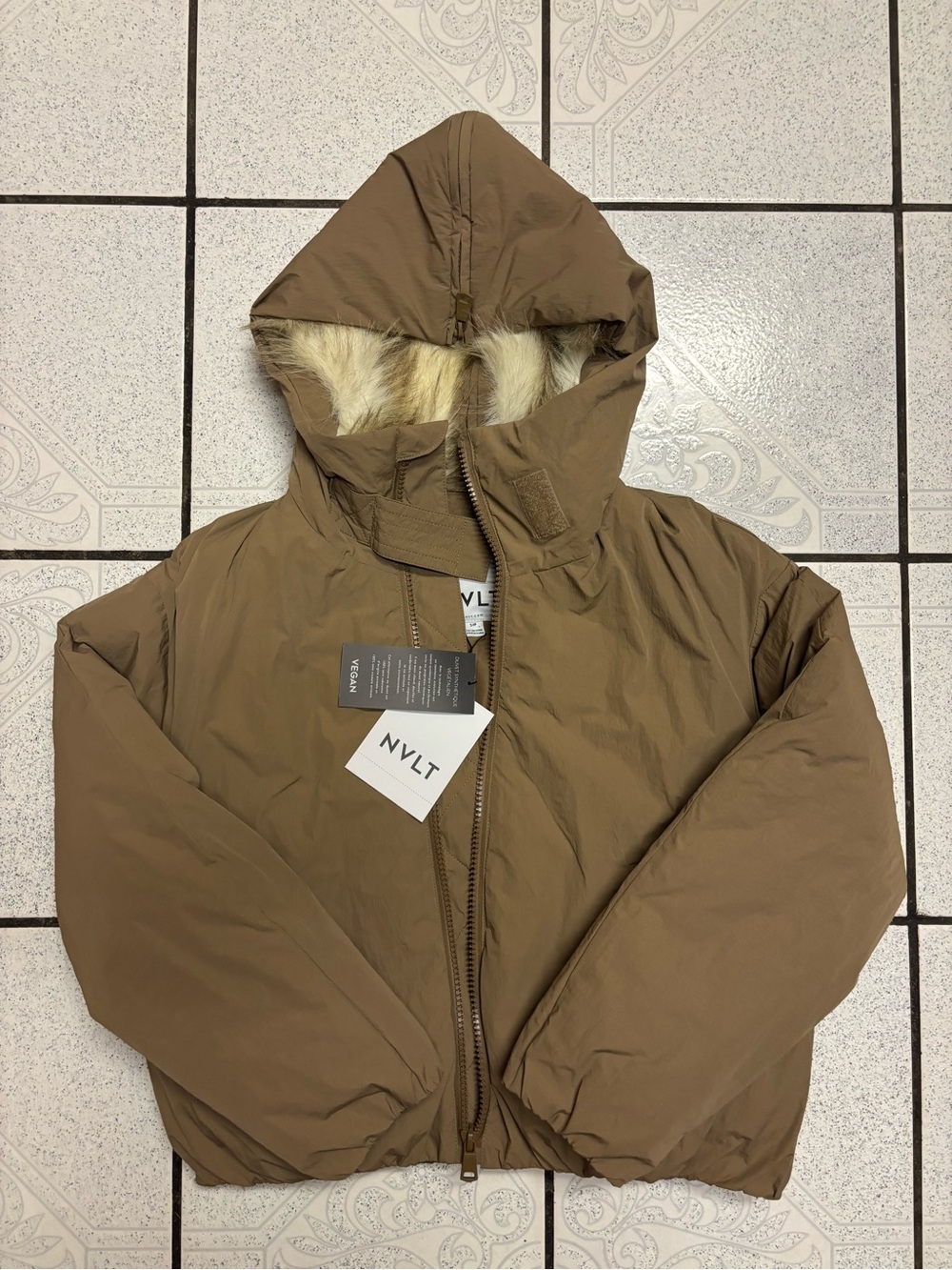 NVLT Anthropologie Faux Fur Lined Hooded Jacket Brown Sand Women Size Small New